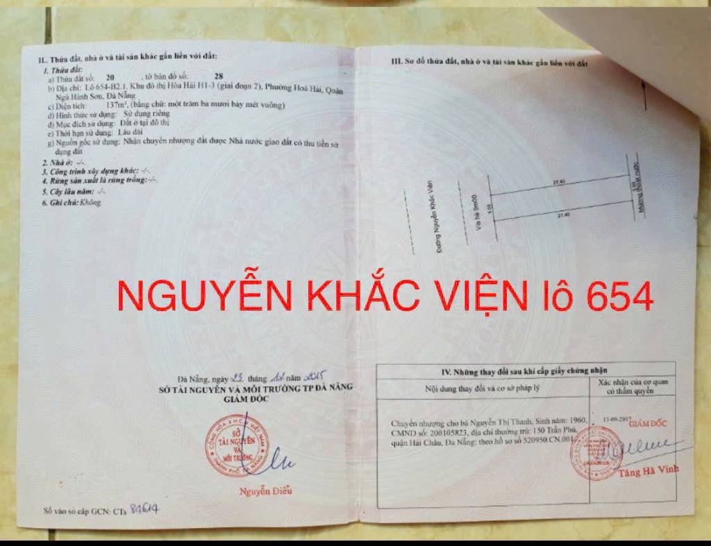 13 tỷ, 137m2. Đất đường Nguyễn Khắc Viện, nhìn ra biển Sơn Thủy